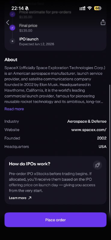 🇨🇳人也能参加的 SpaceX 打新：Kraken昨天晚上在油管看到说海妖支持 SpaceX 的打新，没有对老中送客果断把 Kraken 下载回来看看，果然可以打新可能是两年前注册的账号，全套老中材料（印象中还用水电煤做过地址认证）可以读一下关键信息，就可以知道售价是 135 刀一股，影响因素是总的投资者认购数量和 xStocks 给的配额总数，和开不开会员没有啥关系 用下面这个链接注册可以各得 200 刀（需要认证之后才能参与打新）: 
