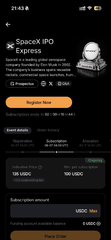 Bybit 也能打新 SpaceX在菜单里面找到/搜索 IPO Express 即可但是有个注意点 承销商会收取 5% 的费用而如果最终销售价格低于 170（20%）的话，就直接确认了，如果高于这个价格的话就需要去界面上二次确认
