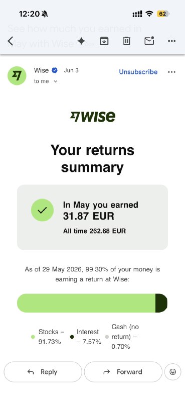 你不知道的小技巧：Wise 也可以理财最近收到了 Wise 的邮件说又帮我赚了 31 欧，至今已经赚了 378 欧了虽然标题有点唬人，但应该有不少朋友知道 Wise 里面也是可以理财的比如我放了大概 500 新加坡元，然后把账户类别转换成了股票账户这意味着 Wise 会把我的余额自动买入贝莱德的基金，而我日常还是可以正常直接消费余额也可以看到这个基金的持仓披露，其实就是 英伟达、苹果、微软、亚马逊等虽然有千分之五的服务费和千分之二的管理费，但可以看到年化基本在 15% 的样子，肯定不会亏？PS 之前转换后有过一次 Wise 需要我填写收入证明，我直接把国内的工资条和个税清单丢进去就完事了有关金融的东西建议都实事求是不要弄虚作假哈，而事实上是 wise 这不也认么？（况且我开的还是奥区）如果要开户可以用这个 refer：