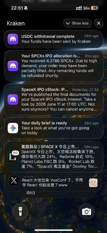 Kraken 是坠公平的，SPCX 见者有份还真的见者有份啊 就算打1m 进海妖 一样是4.2786股 公平 非常特喵公平简单算了一下 现价有 80刀的利润 不过嘛，考虑到 spacex 是文明之光，就继续拿着吧卖出可以选择 kraken pro 或者直接提到链上，手续费0.1刀，然后可以通过链上卖出，推荐 bitget wallet 