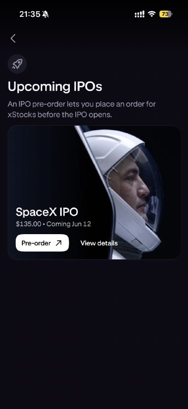 🇨🇳人也能参加的 SpaceX 打新：Kraken昨天晚上在油管看到说海妖支持 SpaceX 的打新，没有对老中送客果断把 Kraken 下载回来看看，果然可以打新可能是两年前注册的账号，全套老中材料（印象中还用水电煤做过地址认证）可以读一下关键信息，就可以知道售价是 135 刀一股，影响因素是总的投资者认购数量和 xStocks 给的配额总数，和开不开会员没有啥关系 用下面这个链接注册可以各得 200 刀（需要认证之后才能参与打新）: 