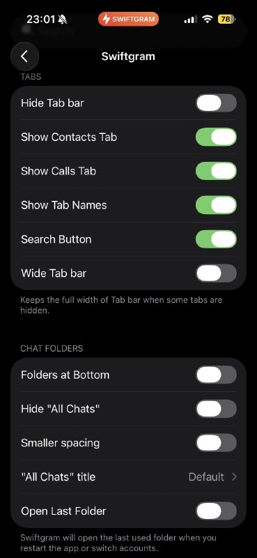 又一个 Telegram 三方客户端swiftgram 可能是最早开源的三方客户端吧，基于 Telegram 官方 fork 的但是加了很多自定义的功能，可以实现 UI 界面非常自定义的调整