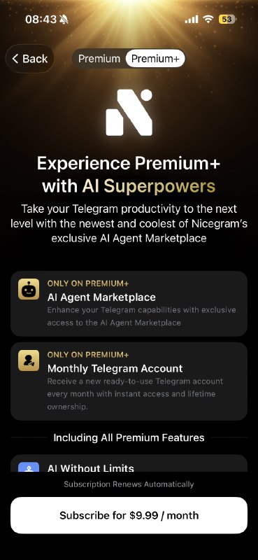 nicegram 这整的花里胡哨的可能是最早出圈或者最有名的 Telegram 三方客户端？在官方已经把文件夹等功能抄去并付费化了之后似乎也只有 ai 可以作为卖点了