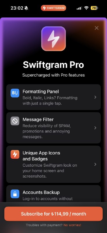 又一个 Telegram 三方客户端swiftgram 可能是最早开源的三方客户端吧，基于 Telegram 官方 fork 的但是加了很多自定义的功能，可以实现 UI 界面非常自定义的调整