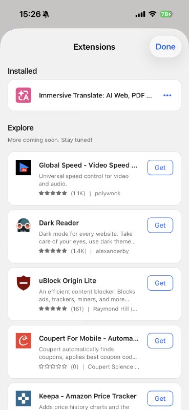 很不甘心，但 Edge 有插件我理想中 iOS 上的浏览器：1. 支持插件，可以安装例如沉浸翻译2. 支持数据互通，但可以工作个人隔离3. Chrome 生态，无需多说第一点其实 Safari 和 Edge 可以做到第二点 Chrome、Safari、Brave 等都可以实现，但我不想在公司电脑上登录 iCloud 账号；但如果想要桌面端查看移动端的打开 Tab 并且直接关闭的话，似乎只有 Safari 可以做到第三点决定了我的最佳选择是 Edge，真不甘心啊，原生 Chrome 配合 Gemini in Chrome 已经用的很舒服了