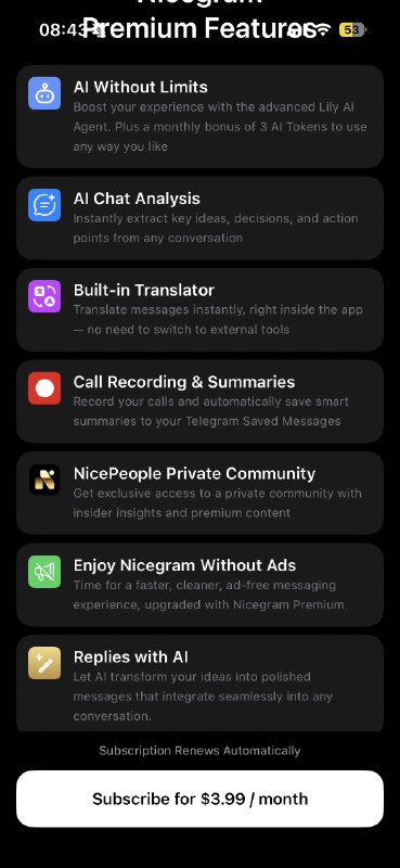 nicegram 这整的花里胡哨的可能是最早出圈或者最有名的 Telegram 三方客户端？在官方已经把文件夹等功能抄去并付费化了之后似乎也只有 ai 可以作为卖点了