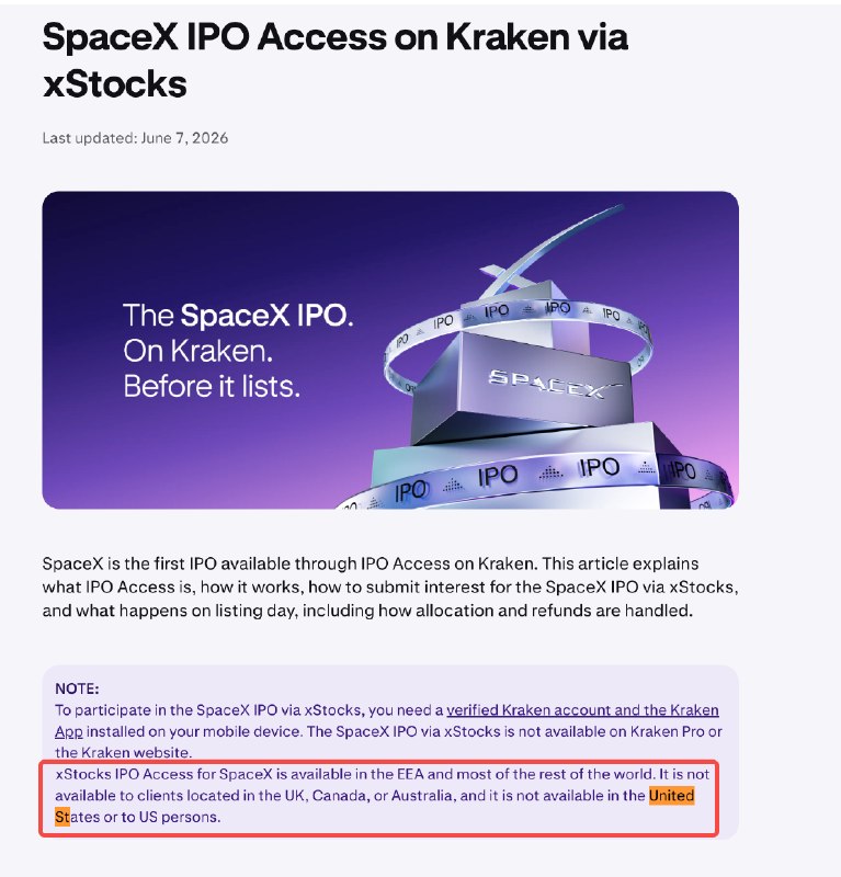🇨🇳人也能参加的 SpaceX 打新：Kraken昨天晚上在油管看到说海妖支持 SpaceX 的打新，没有对老中送客果断把 Kraken 下载回来看看，果然可以打新可能是两年前注册的账号，全套老中材料（印象中还用水电煤做过地址认证）可以读一下关键信息，就可以知道售价是 135 刀一股，影响因素是总的投资者认购数量和 xStocks 给的配额总数，和开不开会员没有啥关系 用下面这个链接注册可以各得 200 刀（需要认证之后才能参与打新）: 