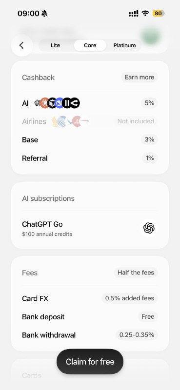 又一个返现神卡：Plasma又一张返现神卡，Plasma 出品，全场返现 3%卡 bin 和 etherfi 相同，还支持 Apple Pay可以大陆的护照+香港的地址证明来办理邀请码可以直接官方 discord 中爬楼获取，我这边还没法生成因为一不小心拖延了两周，所以现在发贴时已经不享受充值 100 刀免费开通 Core 的福利了Core 的话订阅 AI 相关服务享受 5% 返现，还每个月送 8 刀（官方说是送 Chatgpt Go，但实测 platform 充值 API credit 也能返现）走过路过不要错过#返现神卡 #Plasma #信用卡返现 #ApplePay #Core订阅又一个返现神卡：Plasma又一张返现神卡，Plasma 出品，全场返现 3%卡 bin 和 etherfi 相同，还支持 Apple Pay可以大陆的护照+香港的地址证明来办理邀请码可以直接官方 discord 中爬楼获取，我这边还没法生成因为一不小心拖延了两周，所以现在发贴时已经不享受充值 100 刀免费开通 Core 的福利了Core 的话订阅 AI 相关服务享受 5% 返现，还每个月送 8 刀（官方说是送 Chatgpt Go，但实测 platform 充值 API credit 也能返现）走过路过不要错过#返现神卡 #Plasma #信用卡返现 #ApplePay #Core订阅